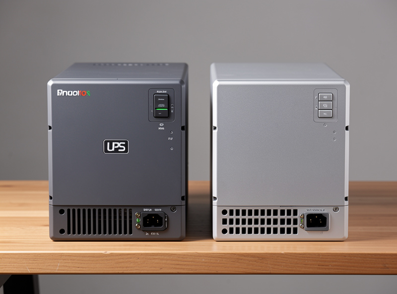 An APC UPS and a CyberPower UPS side by side on a workbench for comparison