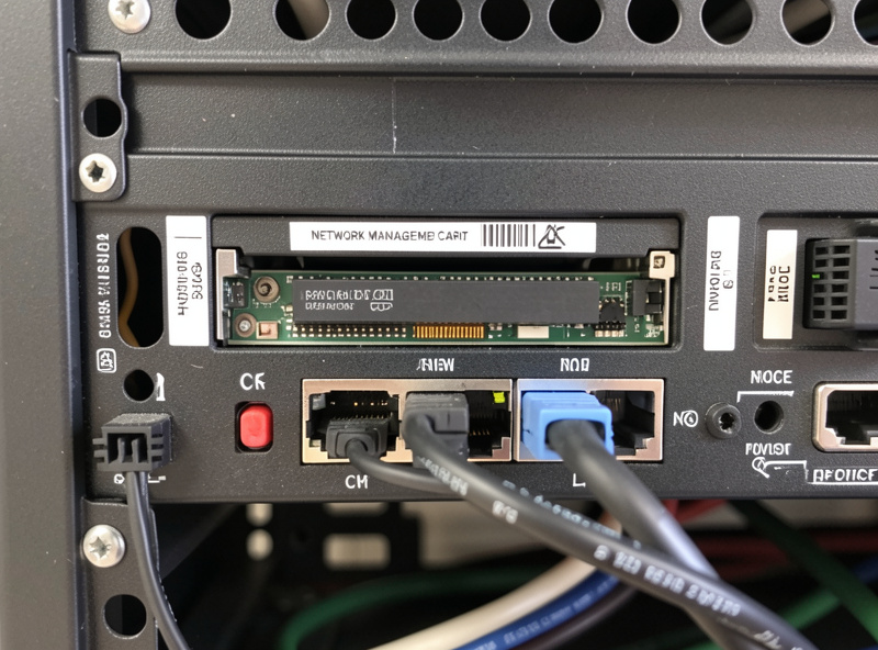 A network management card slot on the back of an APC Smart-UPS for direct network monitoring