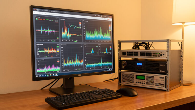 Home network desk showing bandwidth usage graphs beside a firewall and switch