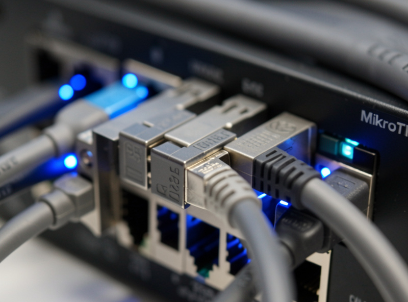 SFP+ cages on a managed switch with DAC cables connected