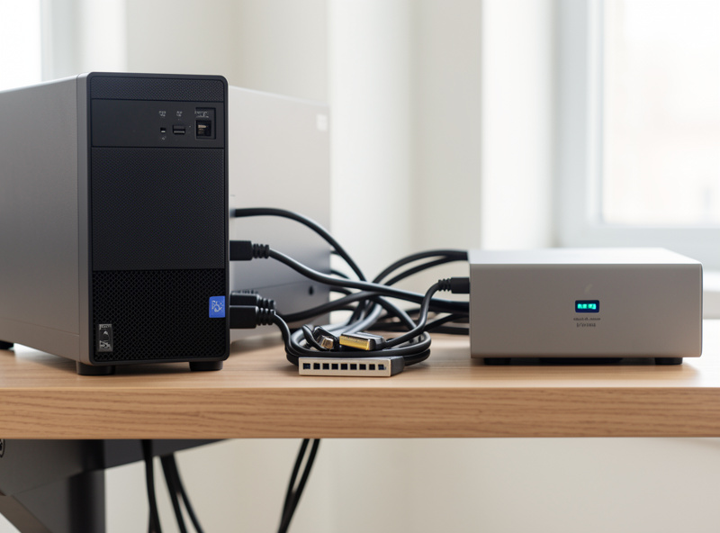 Small multi-gig switch on an office shelf beside a NAS and mini PC