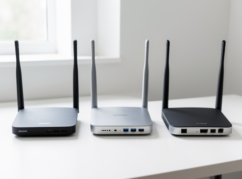 Several Wi-Fi routers lined up on a workbench for comparison