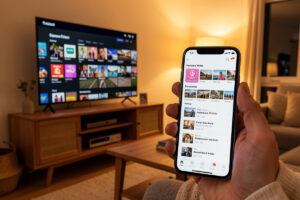 A TV and phone streaming a personal media library from a home server