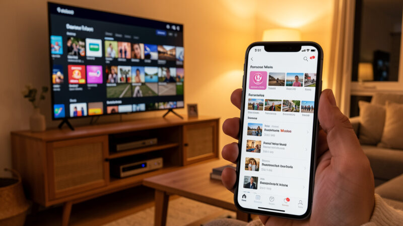 A TV and phone streaming a personal media library from a home server
