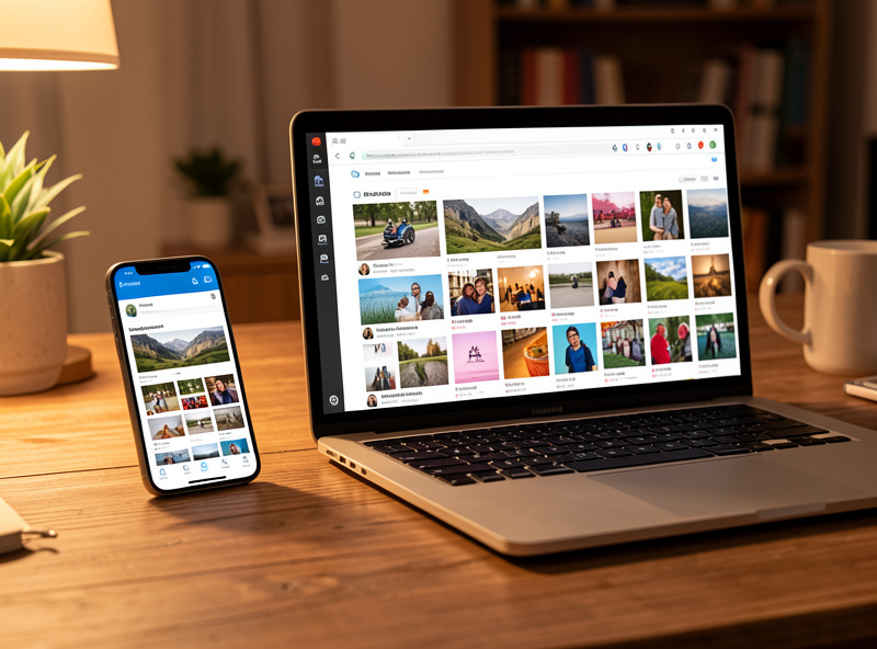 A phone and laptop showing a self-hosted photo library with a timeline of images, on a home desk