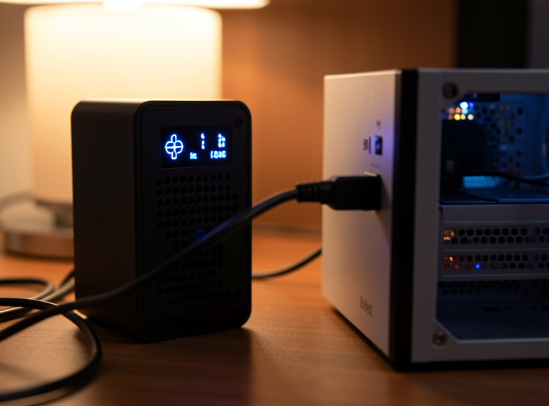 A tower pure-sine line-interactive UPS beside a home lab server, USB data cable connecting the two