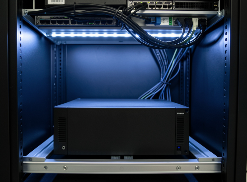 A 2U rack-mount UPS installed at the bottom of a home lab server cabinet with rails