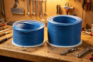Cat6 and thicker Cat6a network cable spools side by side on a workshop bench