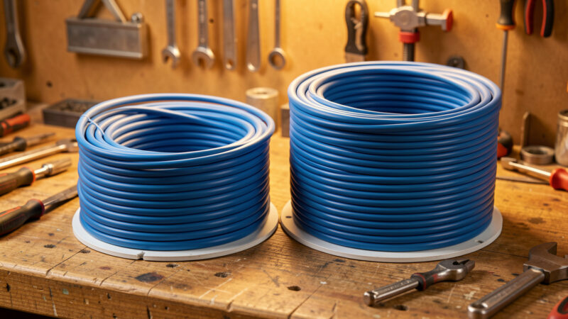 Cat6 and thicker Cat6a network cable spools side by side on a workshop bench