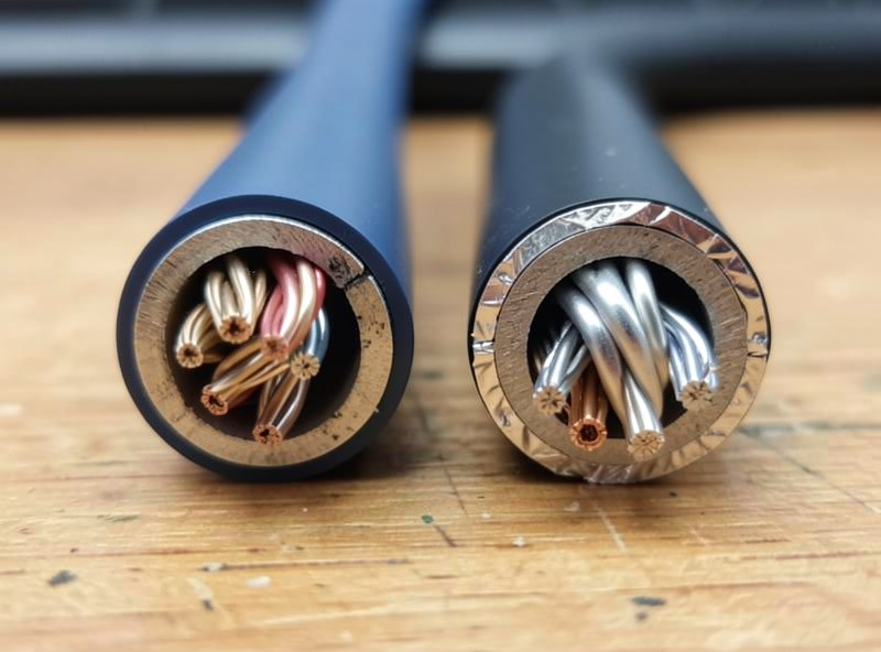 Side-by-side comparison of Cat6 and thicker Cat6a network cable showing the difference in jacket diameter