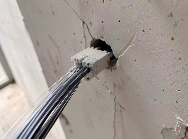 Fiber optic cable being pulled through a wall conduit