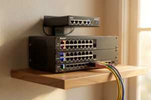 Home network rack with a fanless firewall appliance and managed switch, glowing ethernet link lights
