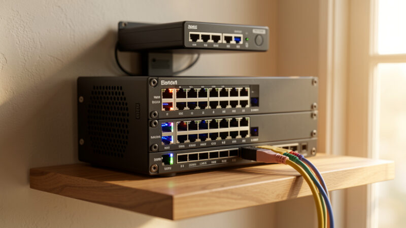 Home network rack with a fanless firewall appliance and managed switch, glowing ethernet link lights