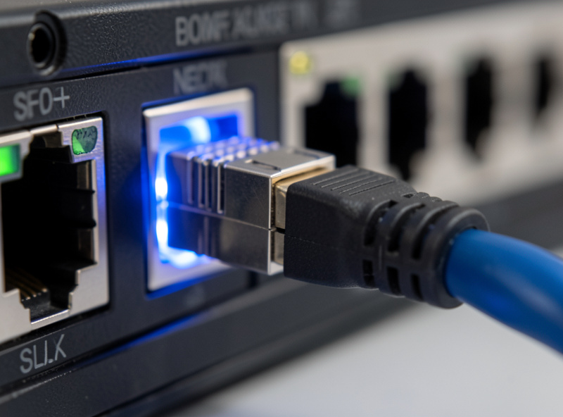 SFP+ DAC cable connector being plugged into a switch port