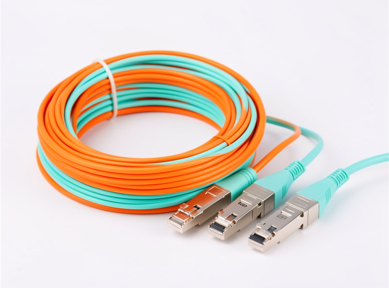 Orange and aqua LC fiber optic cables with SFP+ transceivers