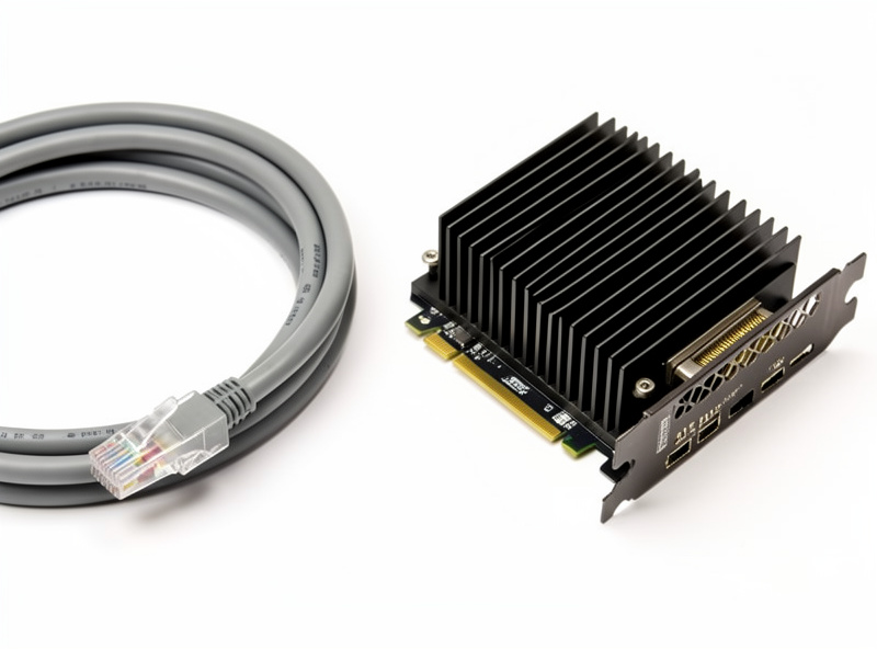 Cat6a cable beside a hot 10GBASE-T card with a large heatsink