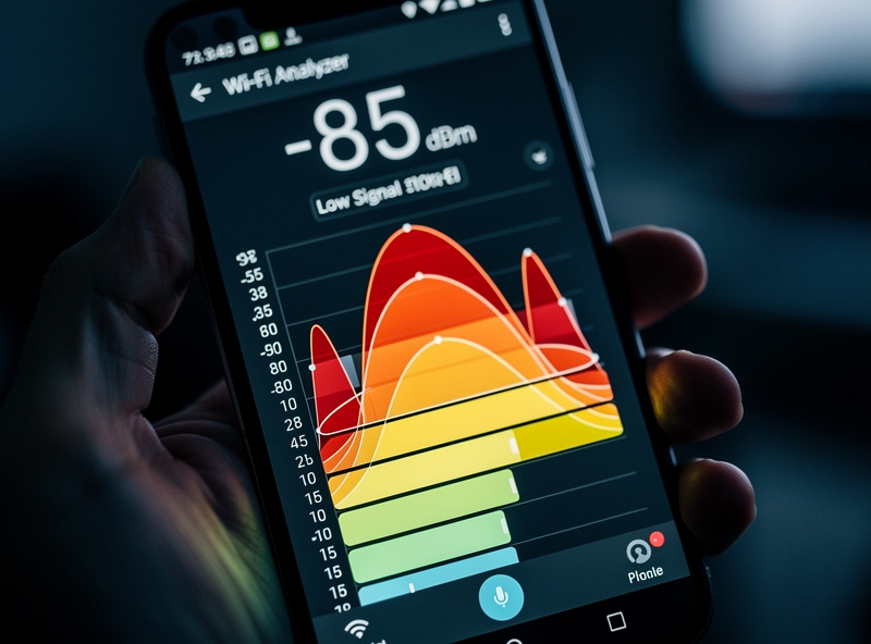 Phone showing a Wi-Fi analyzer app with a weak signal reading in a far room