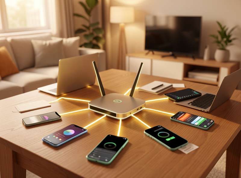 Router broadcasting an IPv6 Router Advertisement to multiple devices on a home network
