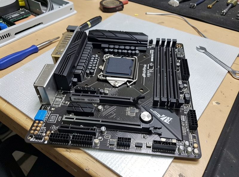 NAS motherboard with CPU cooler and RAM installed on a workbench before assembly