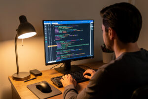 Developer viewing Docker container logs on a home server terminal