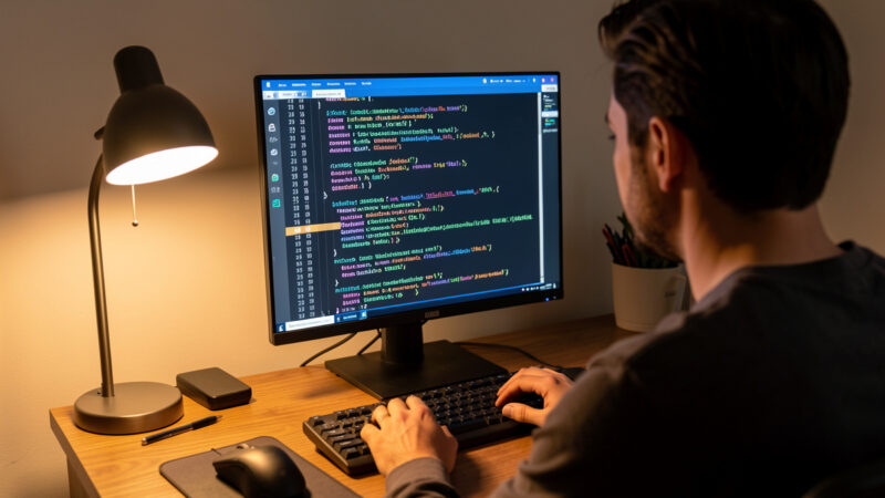 Developer viewing Docker container logs on a home server terminal