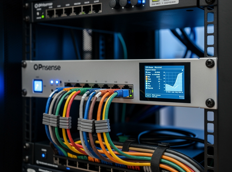 OPNsense router firewall rack-mounted in homelab server cabinet