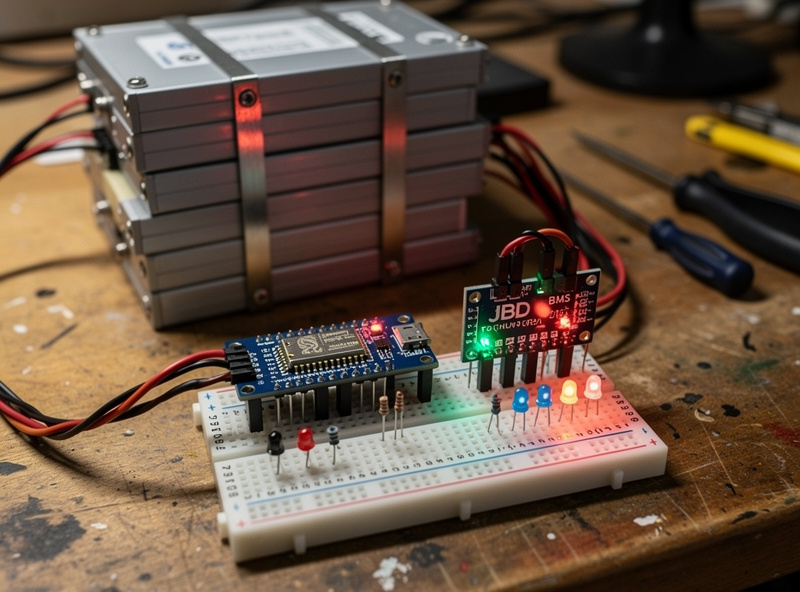 ESP32 microcontroller connected to JBD BMS board with UART wires