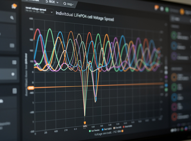 Grafana dashboard showing LiFePO4 cell voltage spread chart with alert threshold