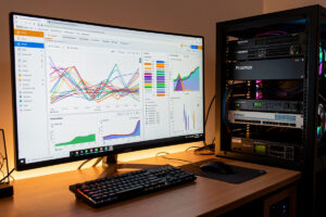 Homelab Grafana metrics dashboard on a workstation beside a Proxmox rack