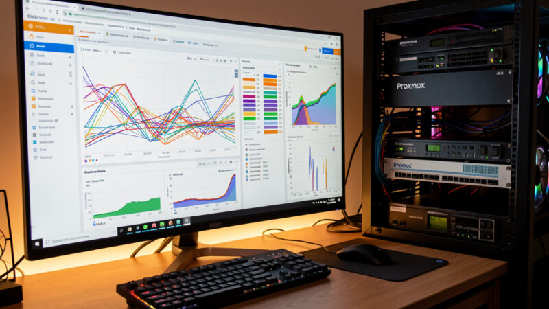 Homelab Grafana metrics dashboard on a workstation beside a Proxmox rack