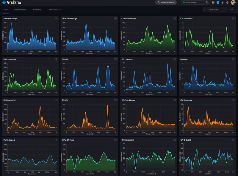 Grafana dashboard with multiple time-series panels showing throughput, CPU and temperature metrics