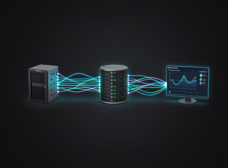 Diagram of the Telegraf to InfluxDB to Grafana data pipeline as connected server boxes