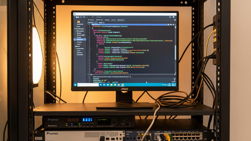 Homelab log server showing a centralized log dashboard fed by a Proxmox rack