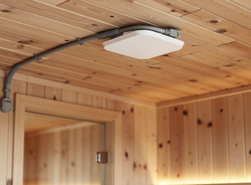 IP65-rated Wi-Fi access point ceiling-mounted outside a wooden sauna door, Ethernet cable run through weatherproof conduit, clean Nordic wellness space