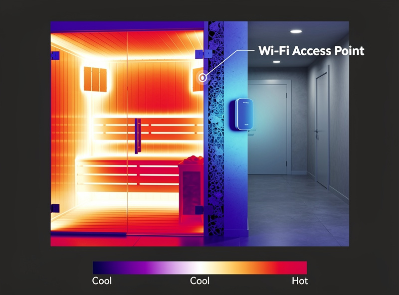 Thermal camera view showing temperature gradient from sauna interior to hallway with Wi-Fi AP mounted on cool side, infrared heat mapping, technical building science