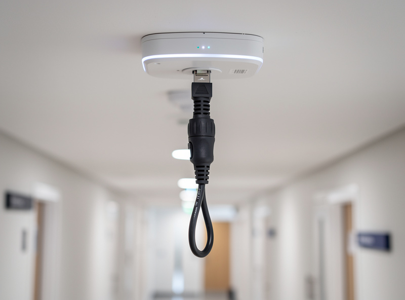 Weatherproof outdoor-rated Wi-Fi access point with drip loop on Ethernet cable, mounted on hallway ceiling near sauna door, clean professional installation