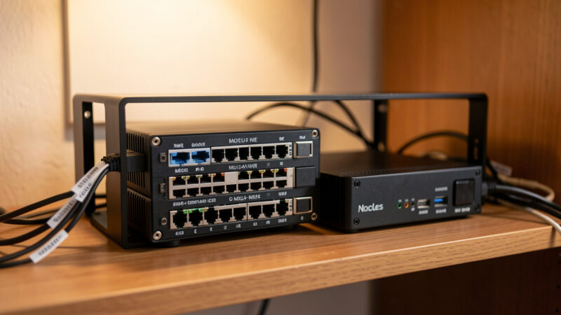 Home DNS and ad-blocking layer running on a Proxmox host and fanless firewall