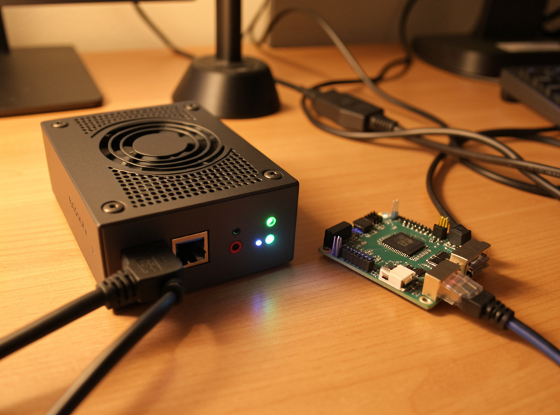 Rack shelf with a Proxmox host and fanless firewall appliance running the home DNS layer