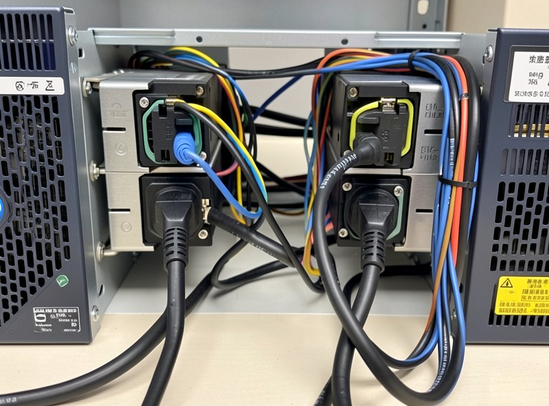 A home lab rack with two separate UPS units feeding a server's dual power supplies for redundancy