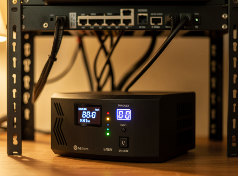 A line-interactive UPS mounted at the base of a small home lab server rack with the core switch and firewall cabled above it