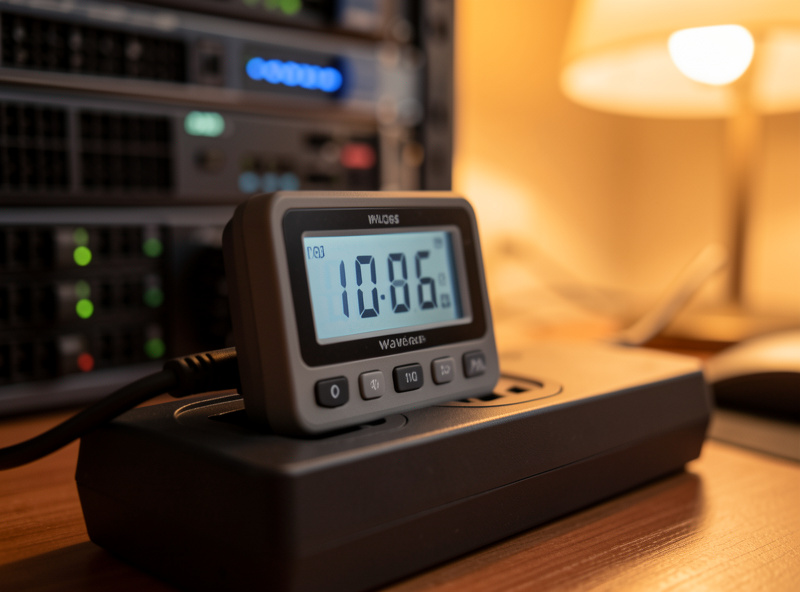 A plug-in wattage meter on a power strip reading the real draw of a home lab rack before sizing a UPS
