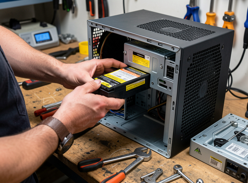 Hands replacing the sealed lead-acid battery cartridge inside a home lab UPS on a workbench