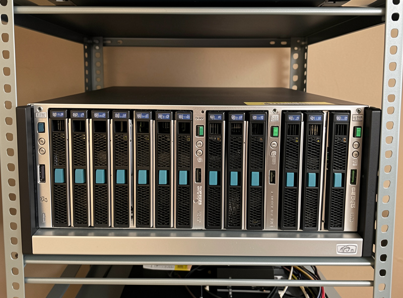 Open NAS chassis showing a row of hard drives in hot-swap bays inside a home rack