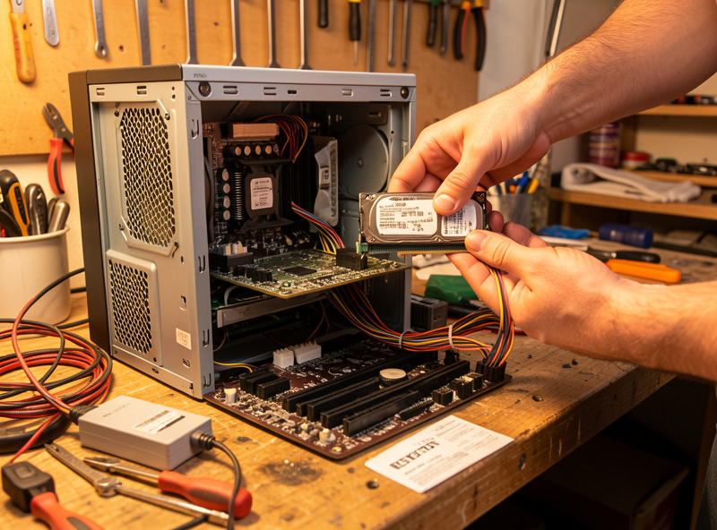 Hand installing a SATA hard drive into a home NAS motherboard build on a workbench