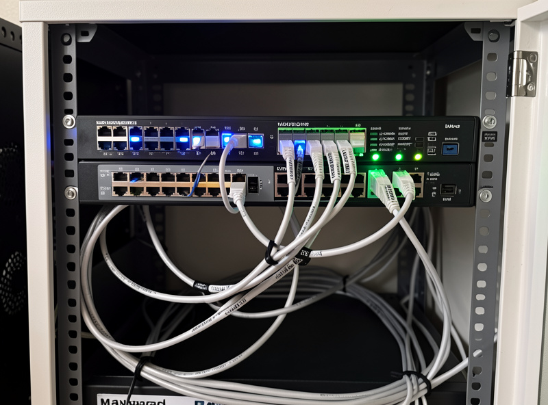 Network rack with a NAS connected to a managed switch by labeled ethernet cables