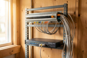 Wall-mounted home network rack with patch panel, switch and tidy structured cabling