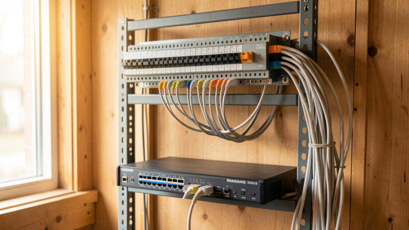 Wall-mounted home network rack with patch panel, switch and tidy structured cabling