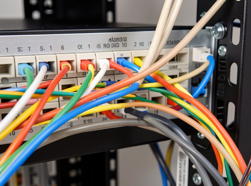 Structured home network cabling runs landing on a patch panel inside a wall-mounted rack