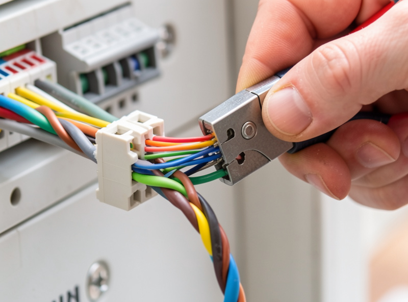Hands punching down a network cable into a keystone jack with a 110 punch-down tool