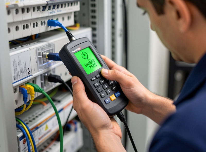A network cable tester showing a wiremap pass on a terminated Cat6 run
